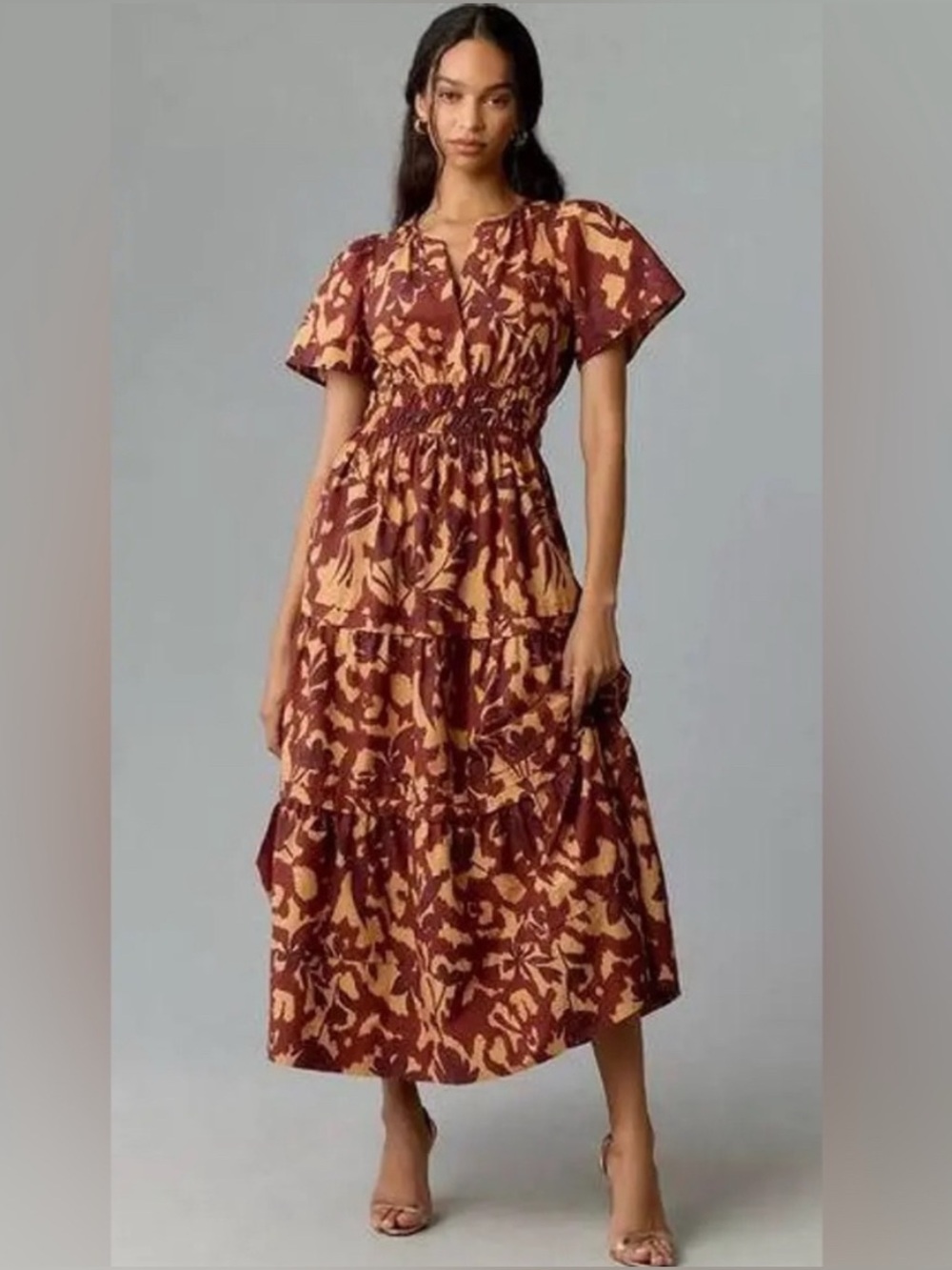 Anthropologie 1X The somerset  copper floral tiered maxi dress boho